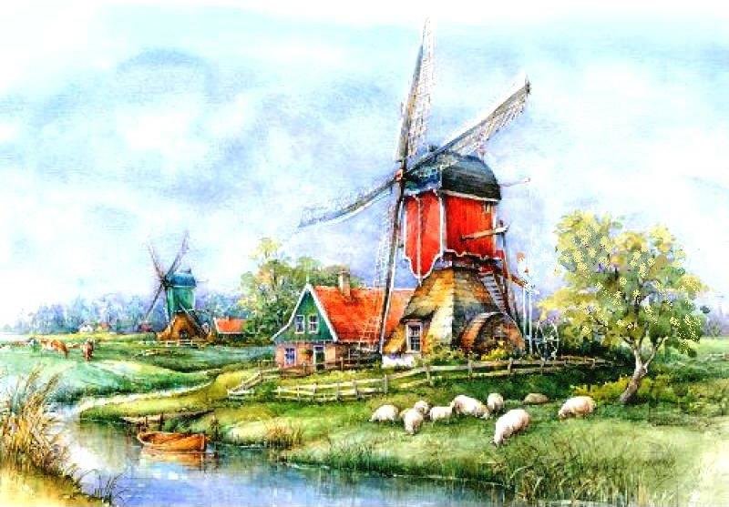 Голландия деревня - деревня, голландия, пейзаж - оригинал