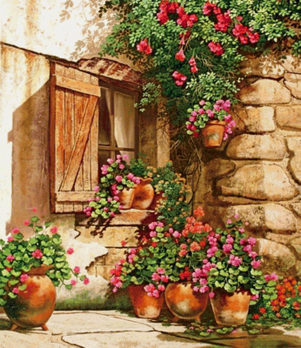 Уютный итальянский уголок - окно, дворик, цветы - предпросмотр