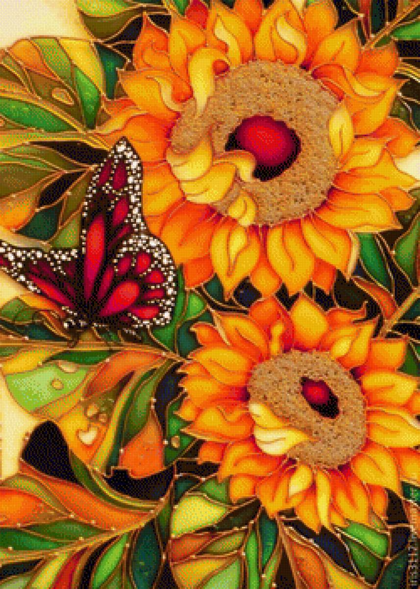 witraż-słoneczniki i motyl - предпросмотр