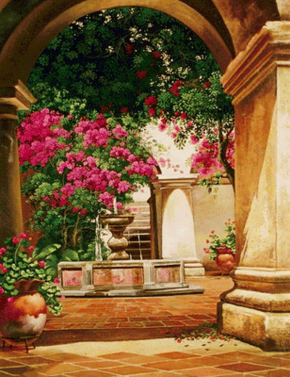 Уютный дворик - улица, цветы, дома, дворик в цветах - предпросмотр