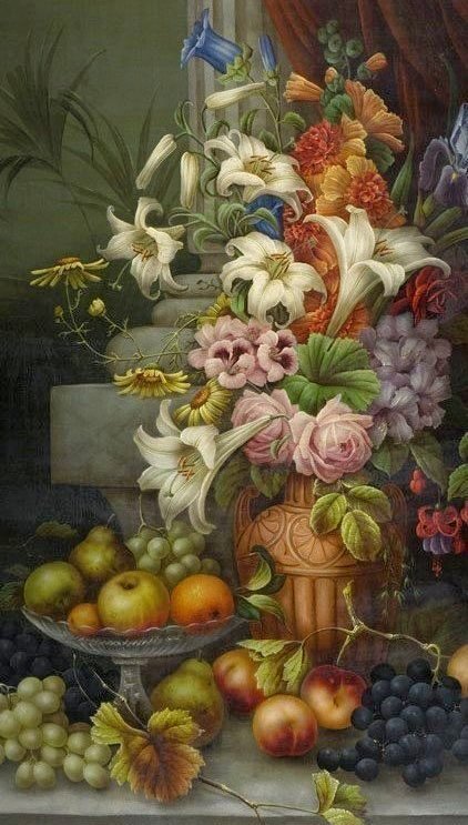 Натюрморт с лилиями - цветы, фрукты, ягоды - оригинал