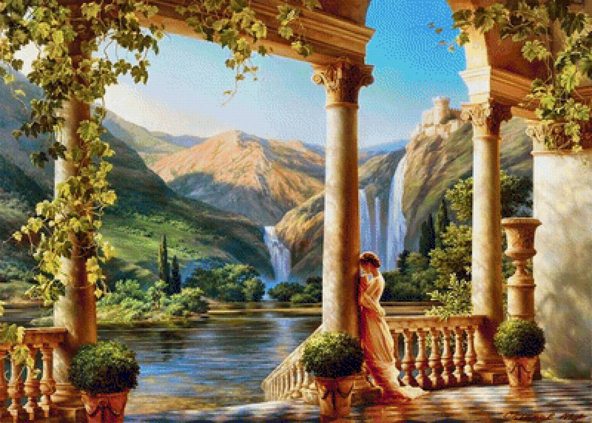 одиночество - горы, колонна, озеро, замок, лестница, девушка, водопад, терраса - предпросмотр