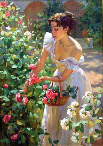 Lady  in garden - lady, flowers, garden - оригинал