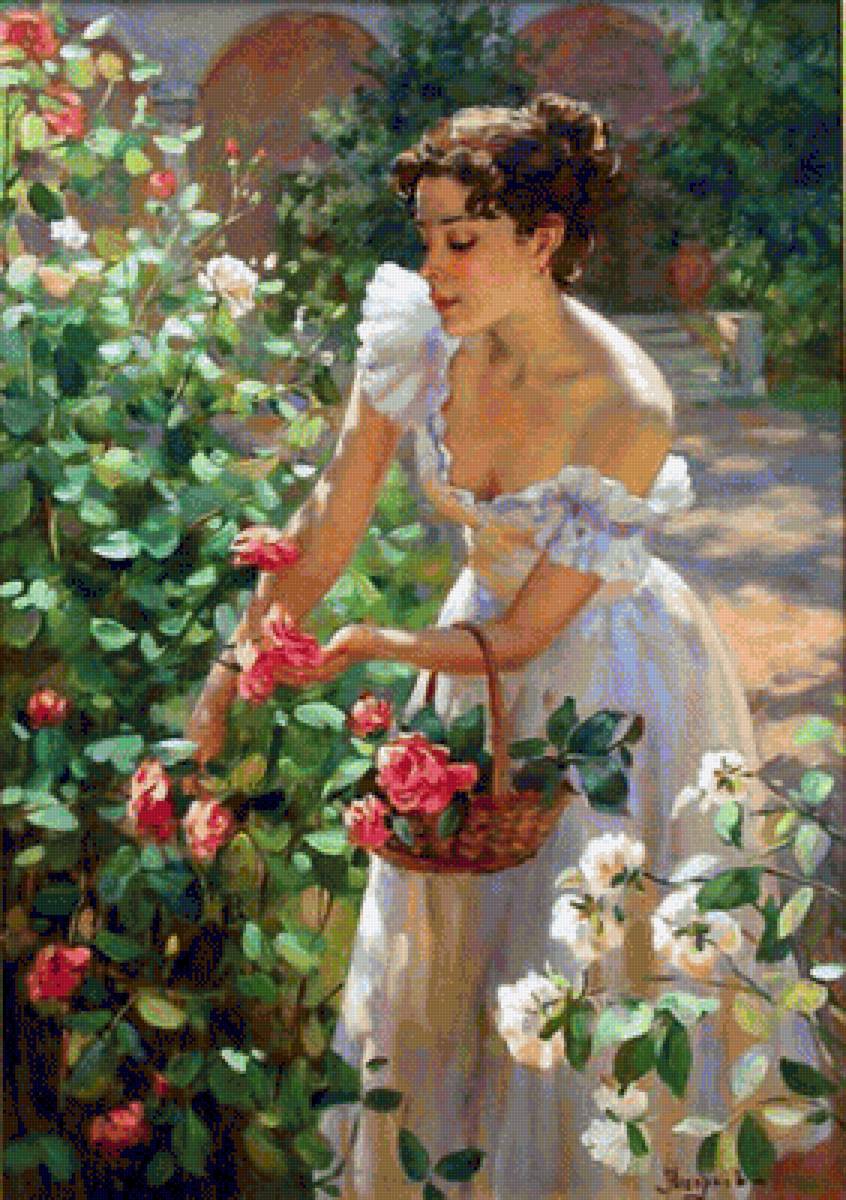 Lady  in garden - garden, lady, flowers - предпросмотр