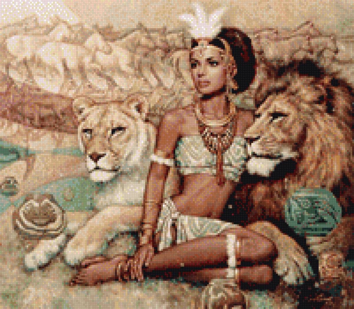 Красавица и львы - девушка, лев - предпросмотр