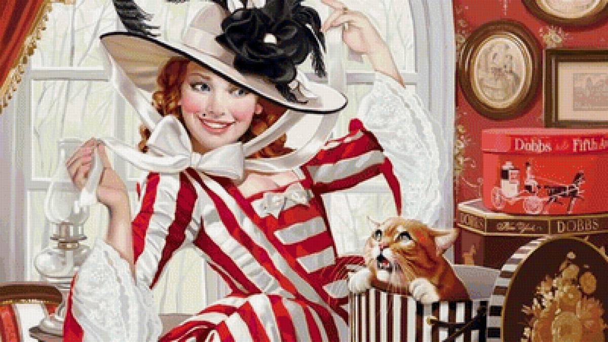 Девушка и кот - картина - предпросмотр