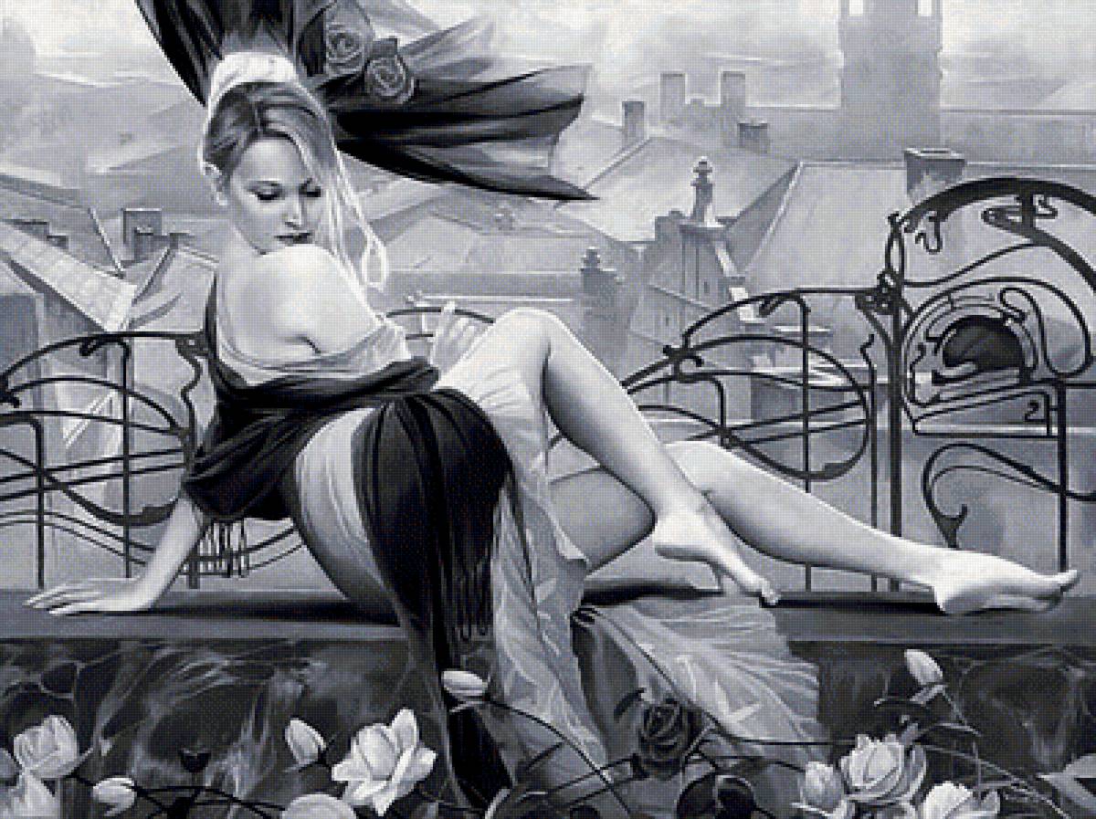 на балконе - балкон, девушка, город, картина - предпросмотр