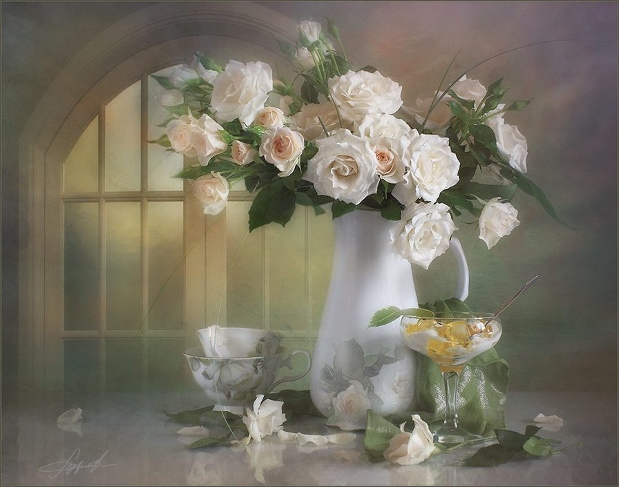 белые розы - цветы, букет, ваза - оригинал