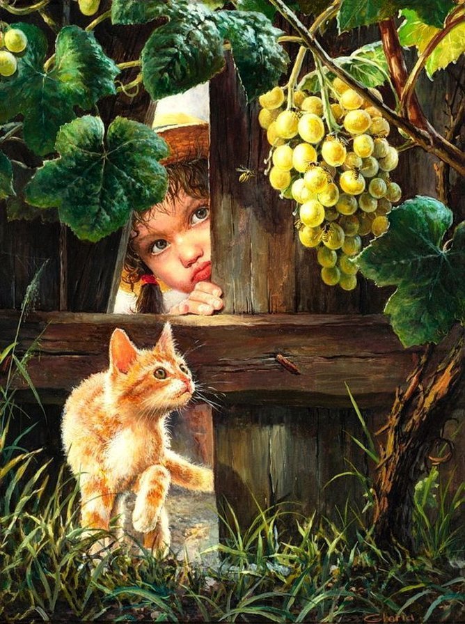 Девочка и кот - картина - оригинал