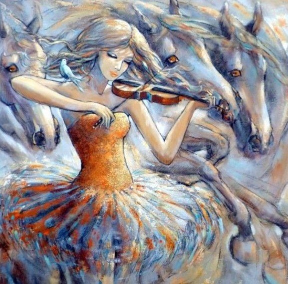 Девушка и лошади - люди, лошади, картина - оригинал