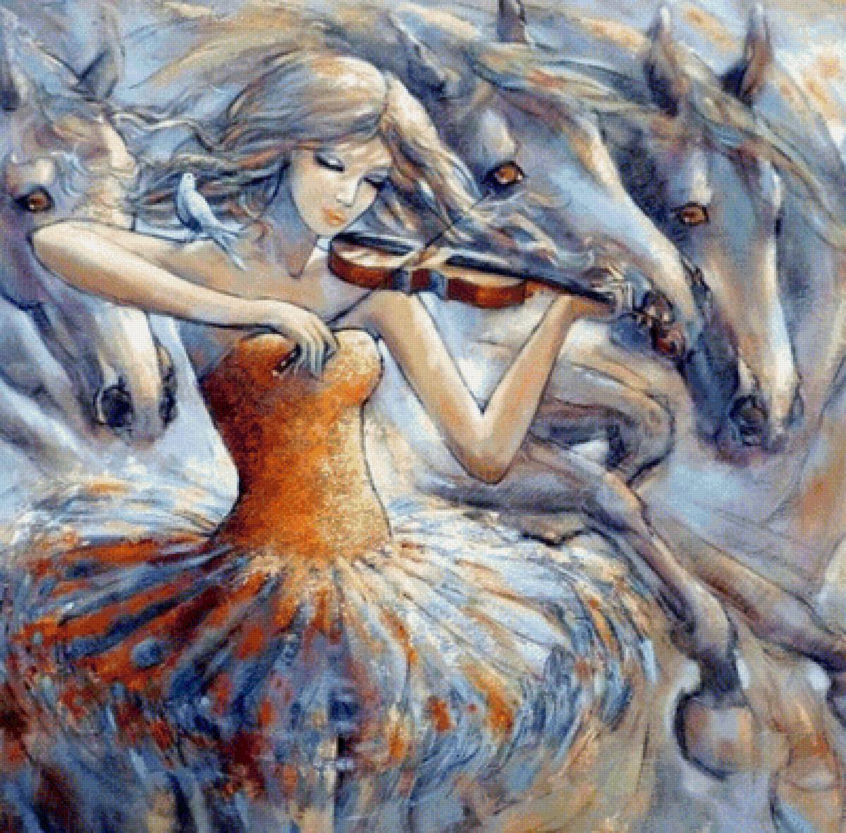 Девушка и лошади - люди, картина, лошади - предпросмотр