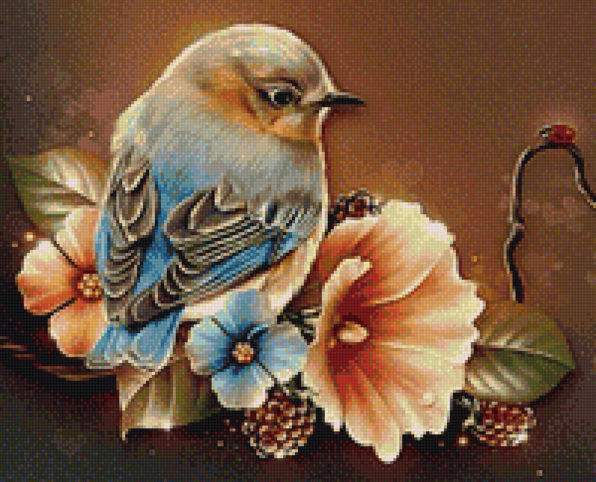 птица на ветке - цветы, птица - предпросмотр