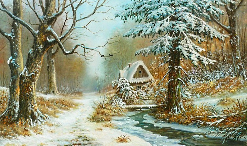 home sweet home - снег, река, лес, пейзаж, зима, дом - оригинал