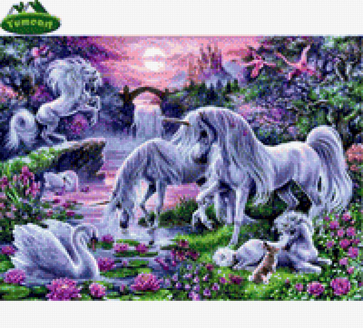 Семейство единорогов - красиво, сказка, лебеди, единороги - предпросмотр