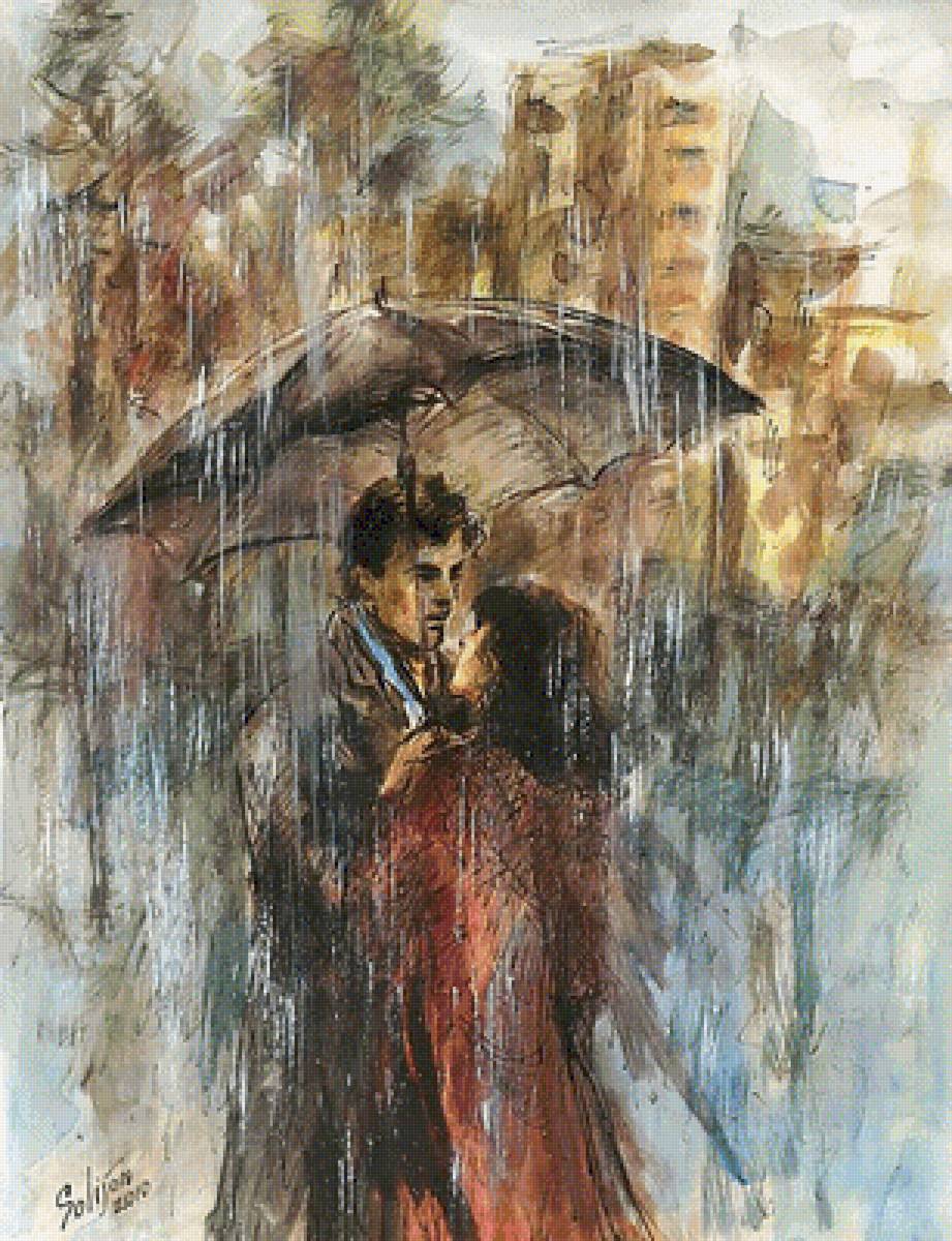 Проливной дождь. - живопись., дождь, люди, зонт - предпросмотр