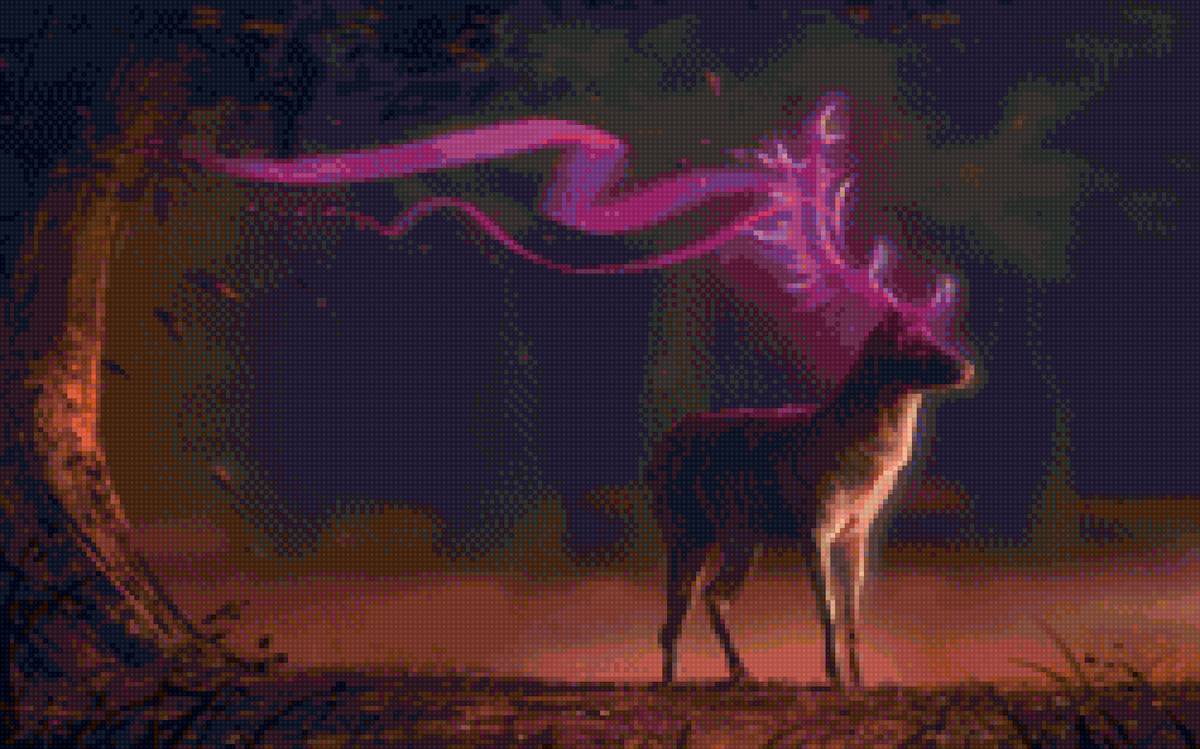 Олень с розовой лентой - лес, чудо, семушина, фентези, сказка, олень, розовый - предпросмотр