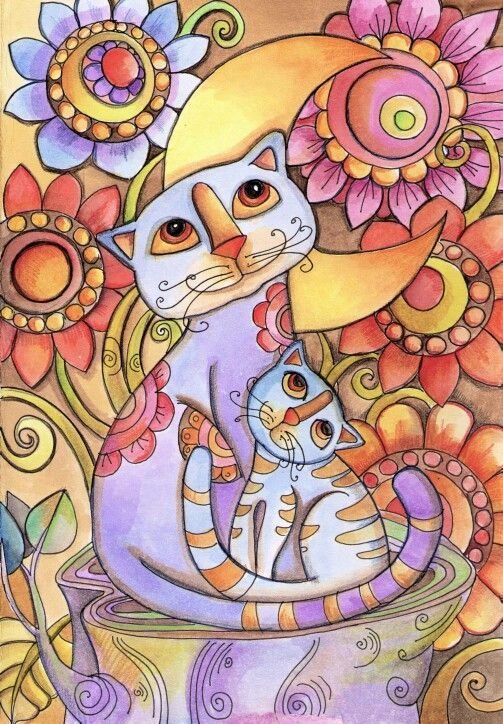 серия "радужные коты"- 1 - цветы, кошка - оригинал