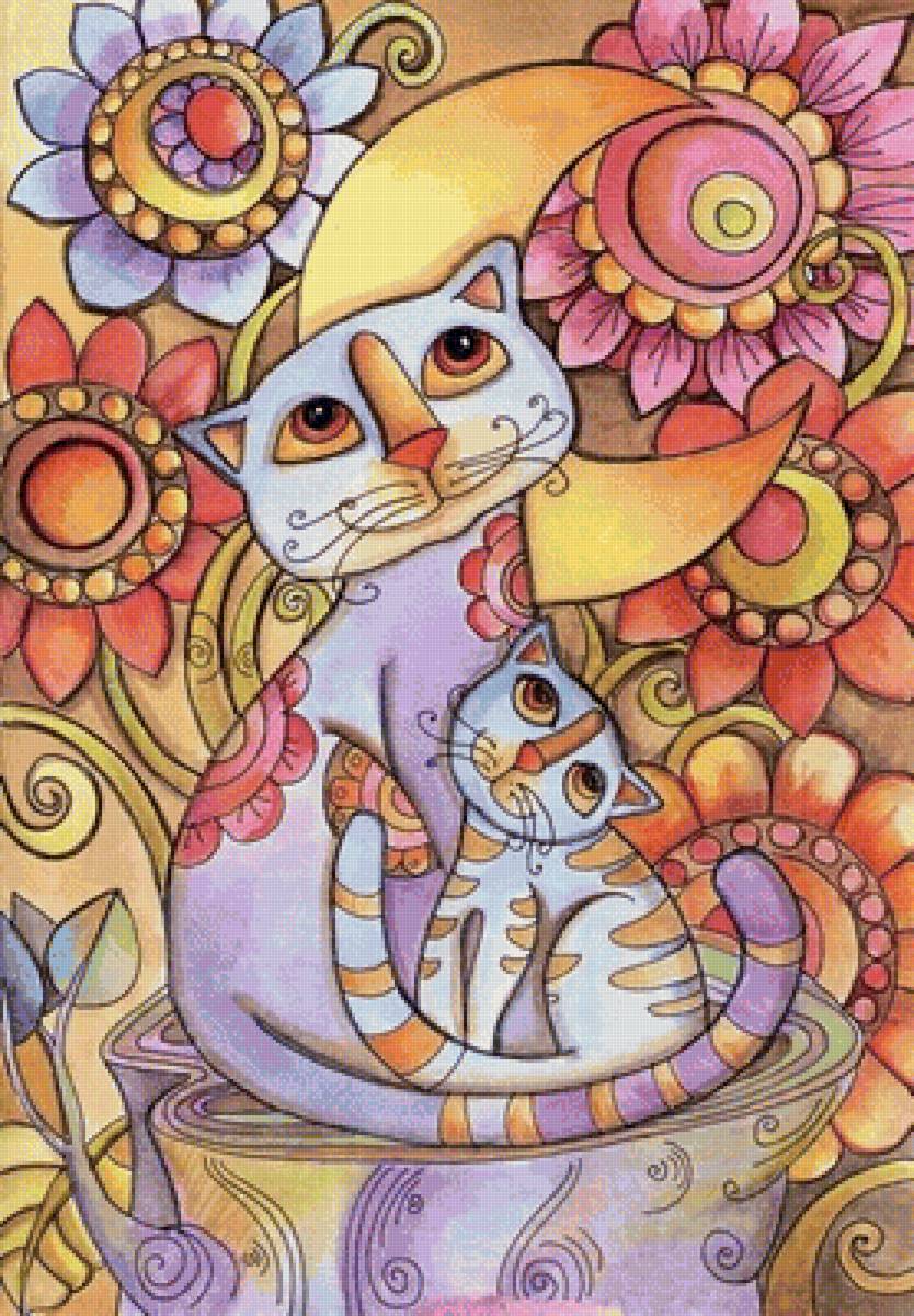 серия "радужные коты"- 1 - цветы, кошка - предпросмотр