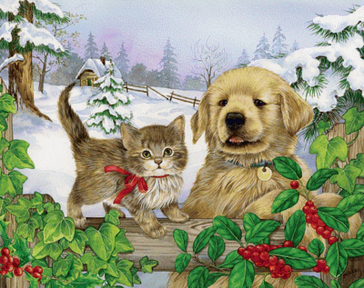 друзья  навек - щенок, котенок, зима - предпросмотр
