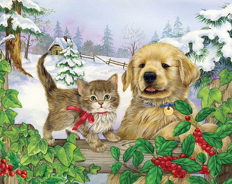 друзья  навек - котенок, зима, щенок - оригинал