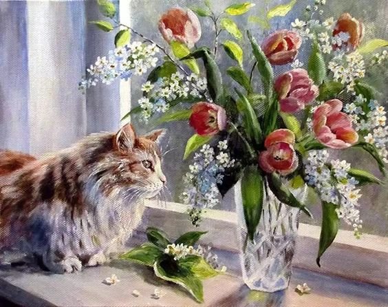 кошка на окошке - кошка, цветы - оригинал