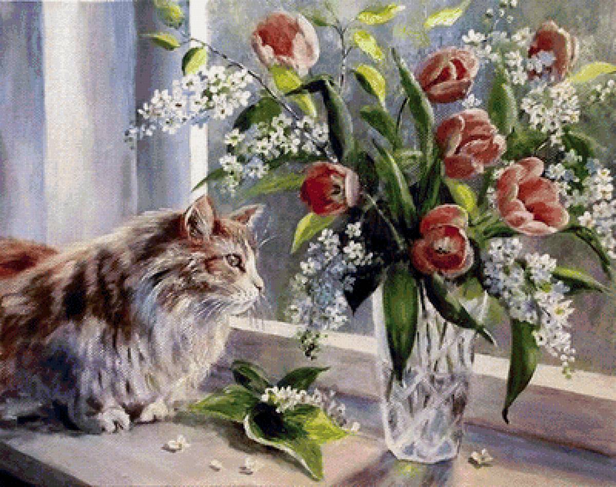 кошка на окошке - кошка, цветы - предпросмотр