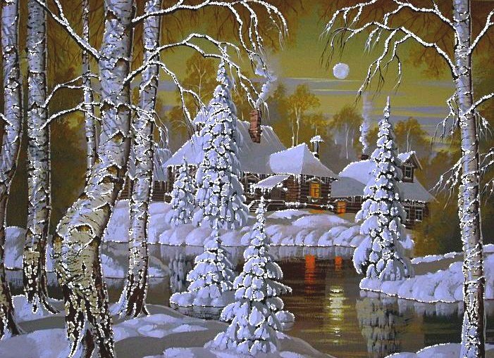 тиха рождественская ночь... - лес, дом, пейзаж, зима, ночь, дома, снег, река - оригинал