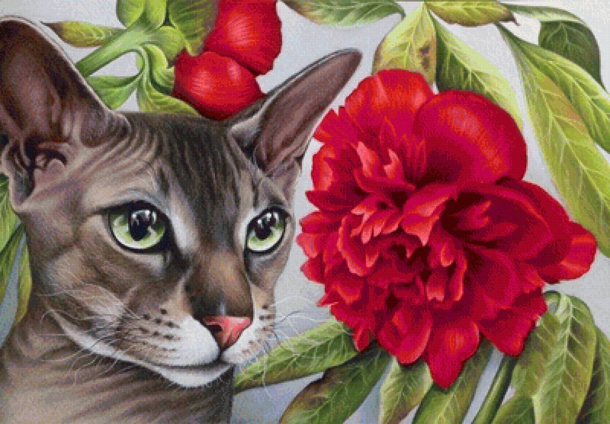 Котик - кошка, кот, арт, цветы - предпросмотр
