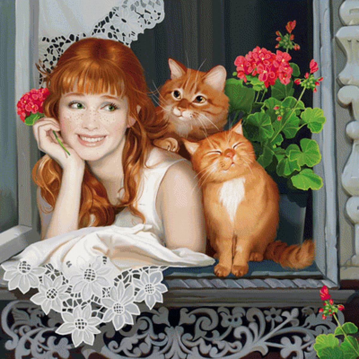 Рыжие - кошка, девушка, цветы - предпросмотр