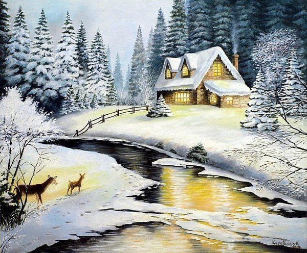 Домик в лесу - зима, снег, олени, картина - оригинал