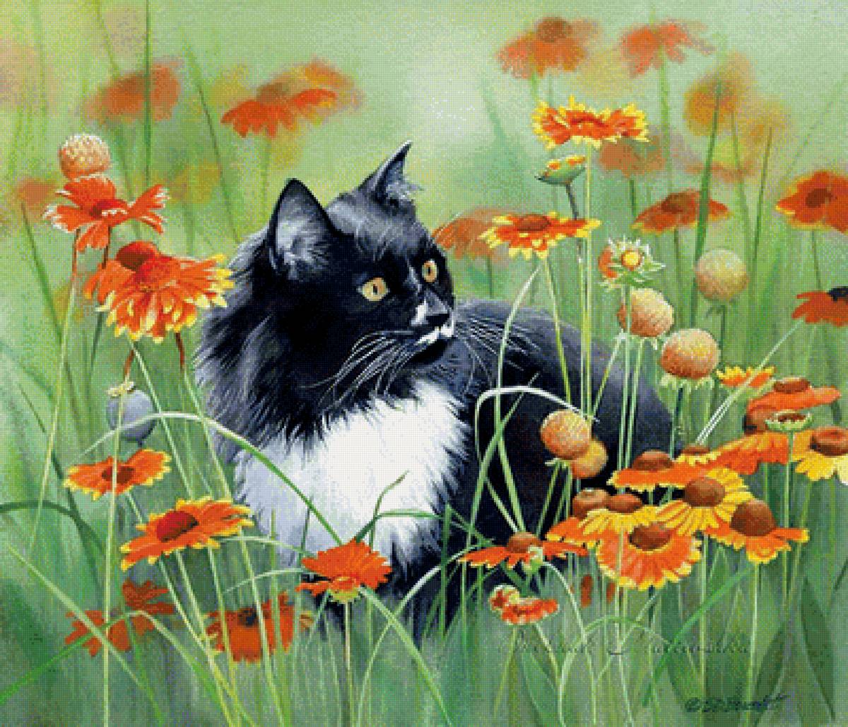 №1599724 - кошка, цветы - предпросмотр