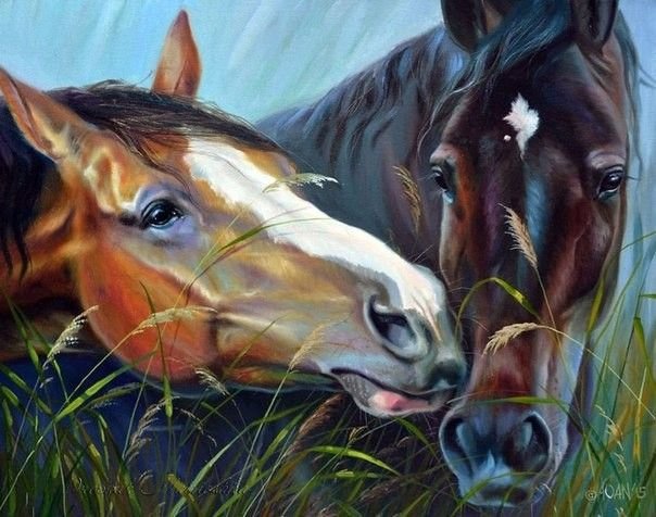 Лошади - лошадь, природа, картина, сено - оригинал
