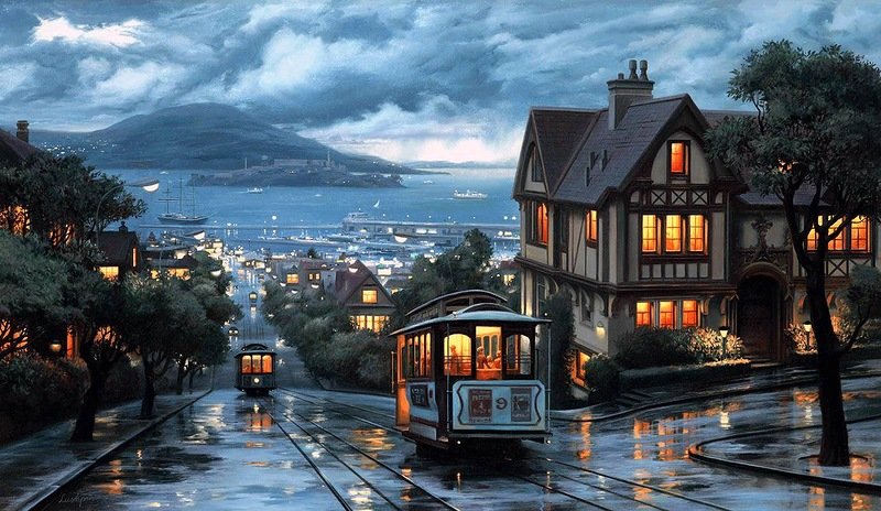 Сумерки в Сан-Франциско - трамвай, небо, сумерки, город, свет, окна, горы - оригинал