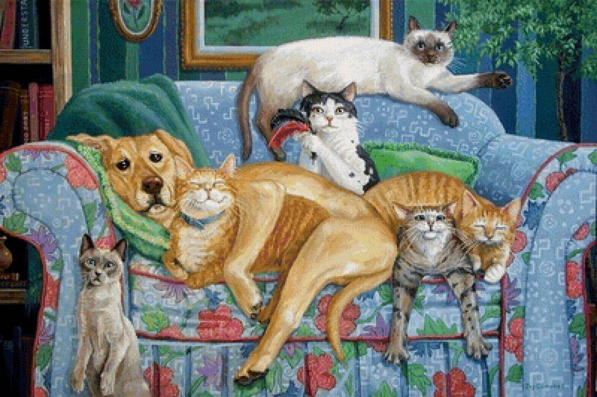 Котики - арт, собака, кот, уют, кошка, дом - предпросмотр