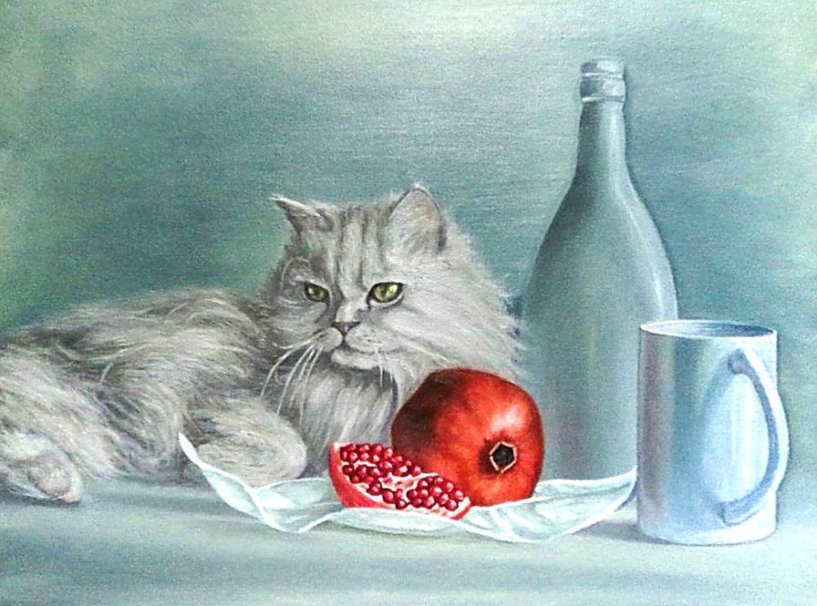 Гранат на фоне кота. - гранат, кот, живопись., натюрмот - оригинал