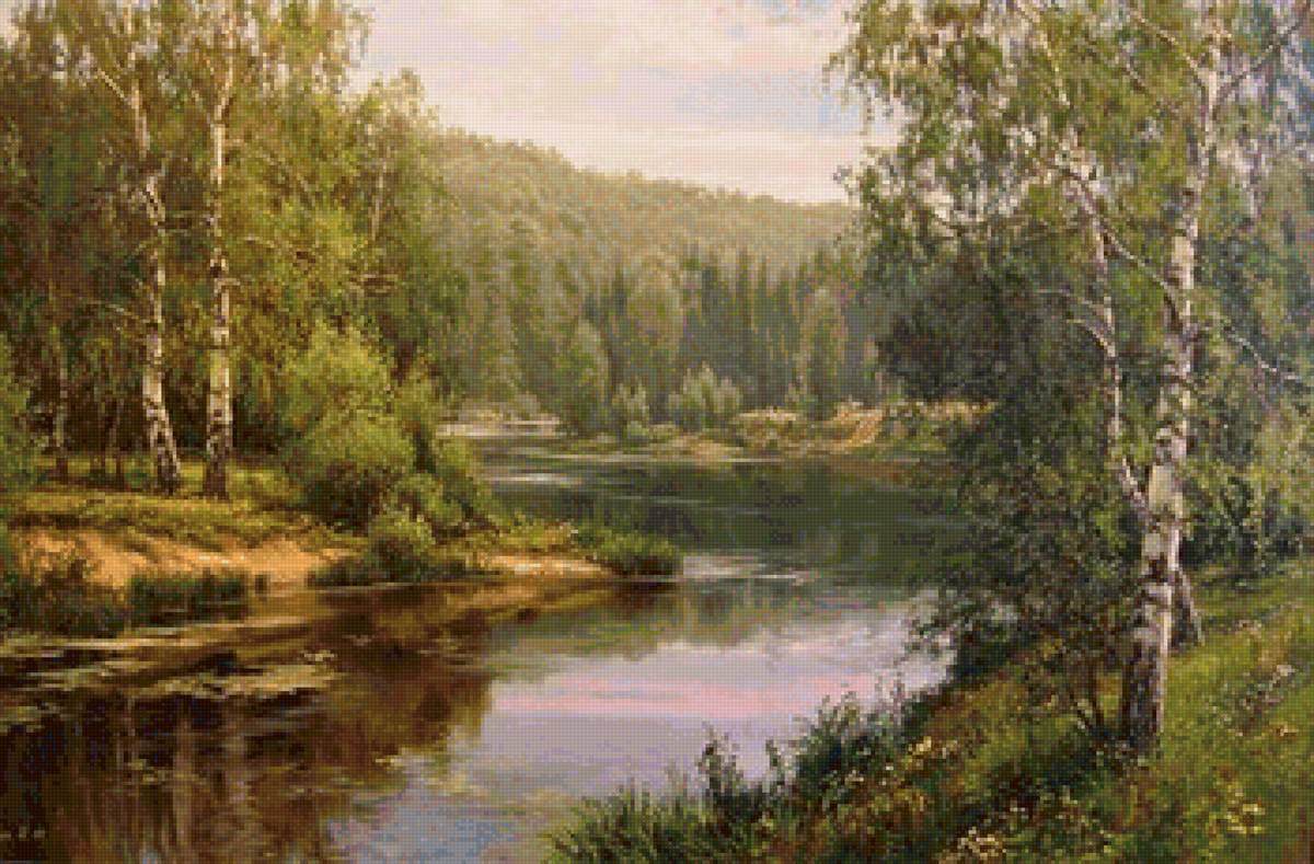 Летний вечер - природа. река, березы - предпросмотр