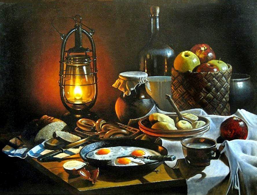 Деревенский ужин - фонарь, хлеб, продукты, фрукты - оригинал