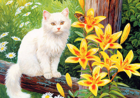 Котик - цветы, сад, природа, кот, арт - оригинал