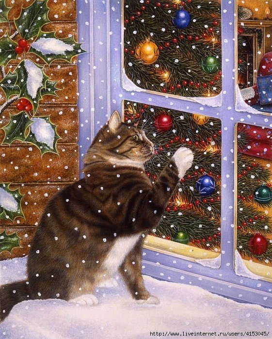 Новый год - игрушки, окно, елка, кот - оригинал
