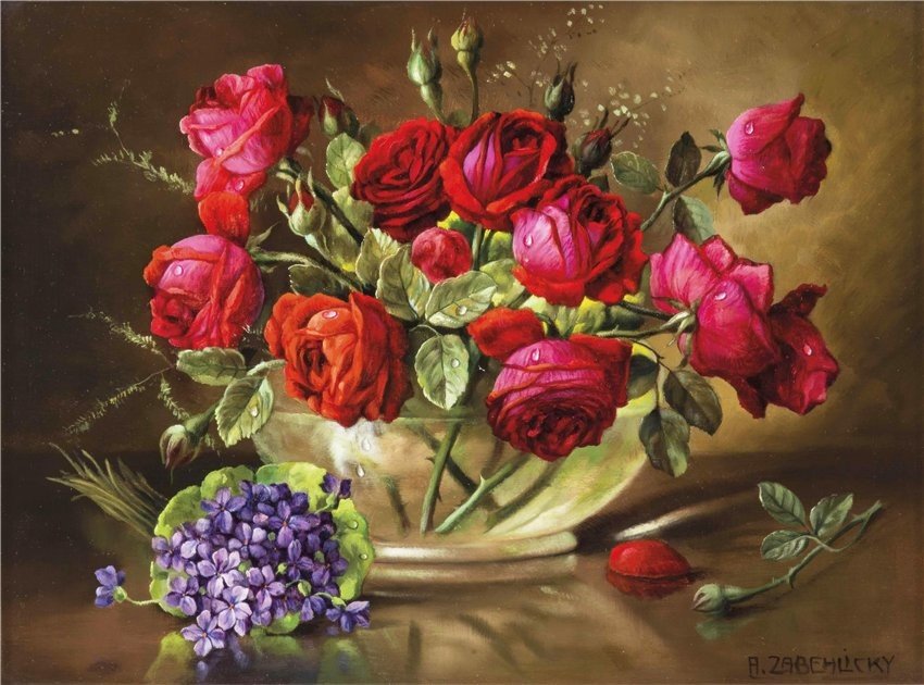 Розы и фиалки - цветы, букет - оригинал