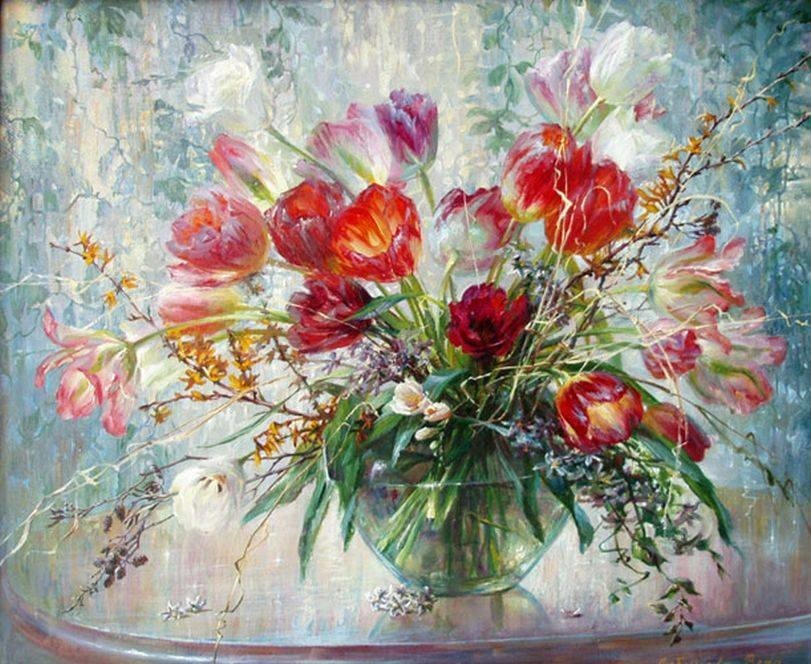 Букет тюльпанов - цветы, тюльпан, акварель - оригинал