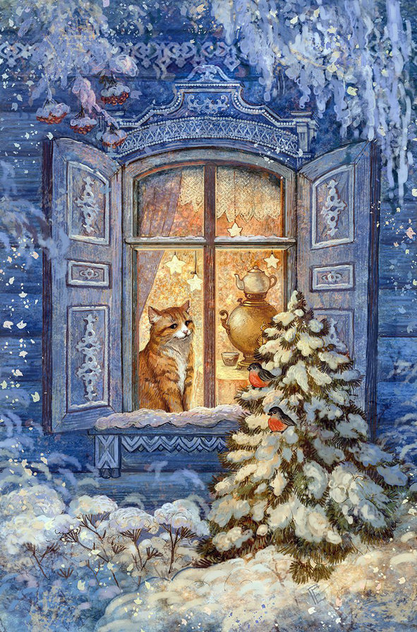 У окошка - дом, ставни, елка, свет, кот, зима - оригинал