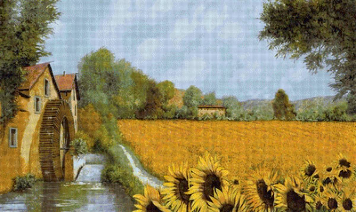 Поле - мельница, природа, подсолнухи - предпросмотр