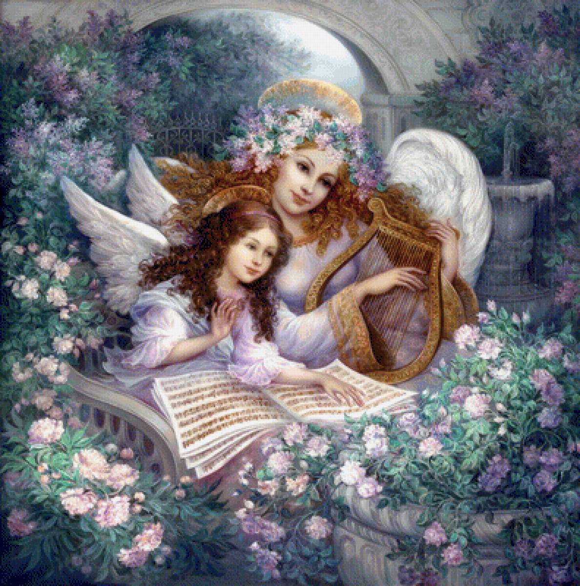 Музыка ангелов - цветы, сад, ангел - предпросмотр