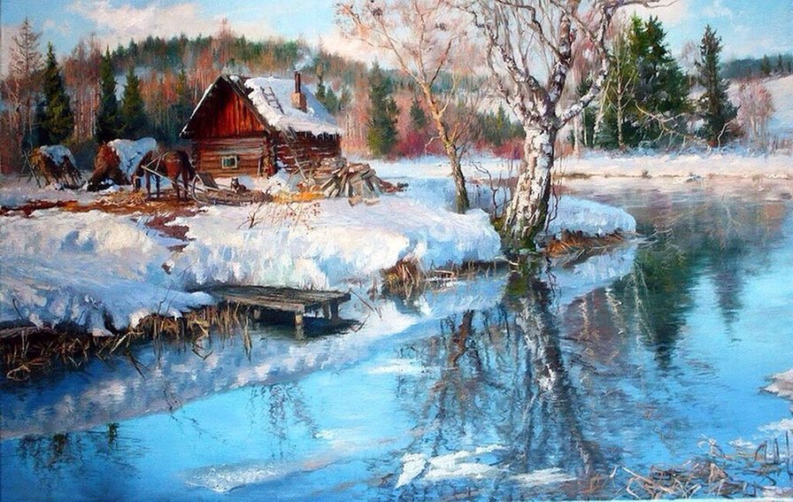 Весна - отражение, снег, деоевья, река - оригинал