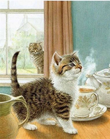 Озорник - окно, котенок, стол, улица, чай - оригинал