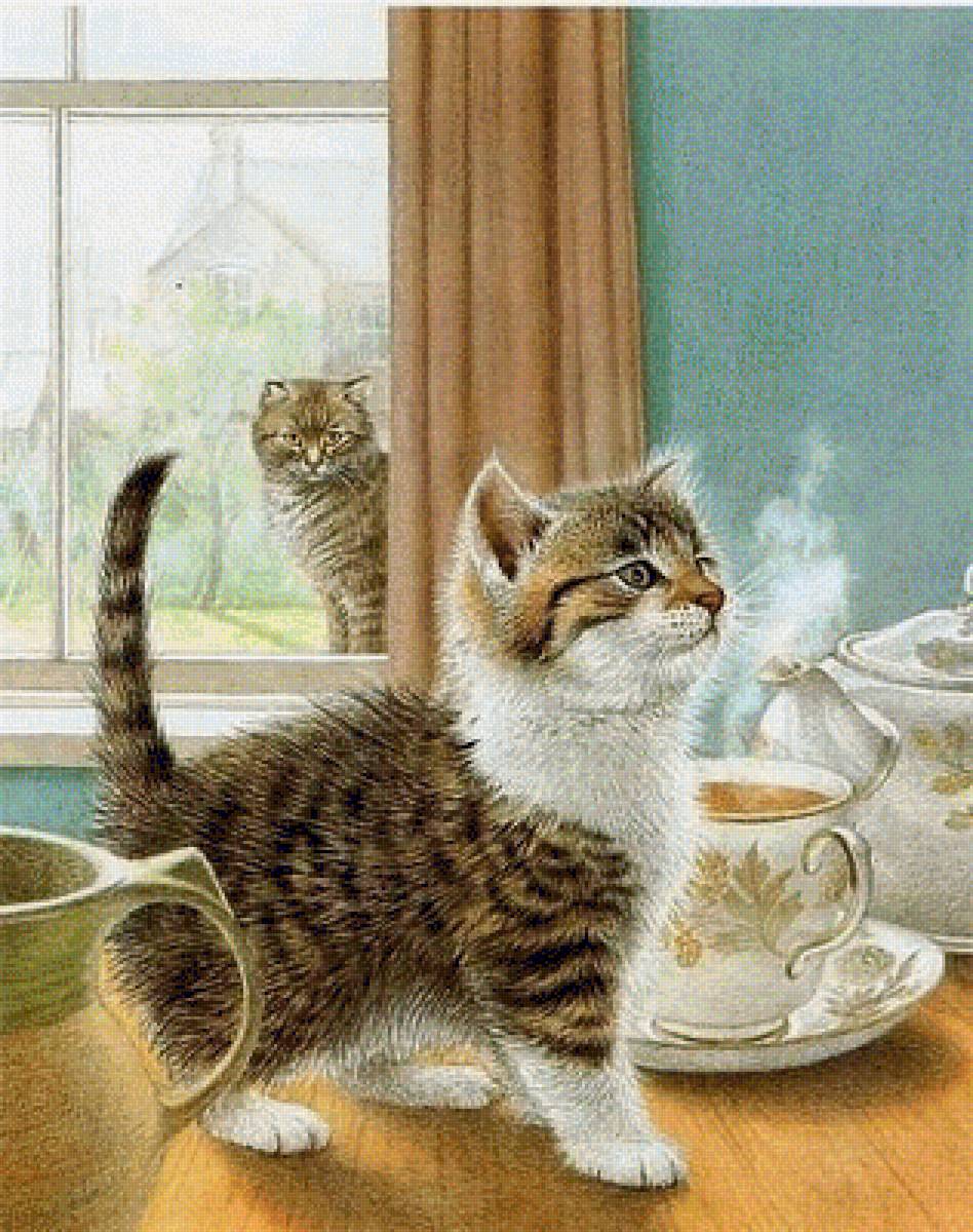 Озорник - окно, улица, стол, чай, котенок - предпросмотр