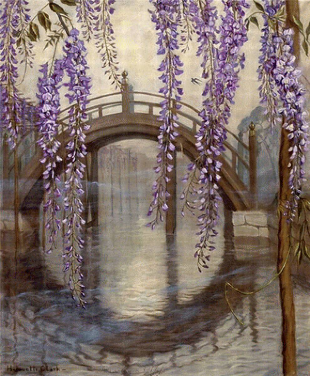 Туман - река, цветы, мост - предпросмотр