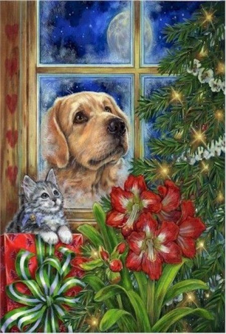 Огоньки - котенок, цветы, собачка, мороз, лента, елка, подарки, окно - оригинал