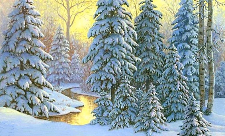 зимнее утро в лесу - зима, живопись, пейзаж, снег - оригинал